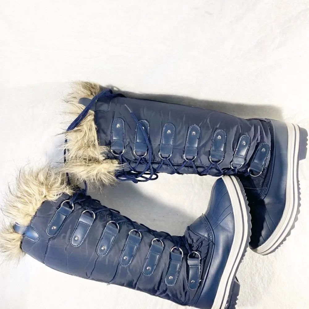 Polar Navy Nylon Tall Fur Lace Waterproof Snow Rainy Boots Sz 8